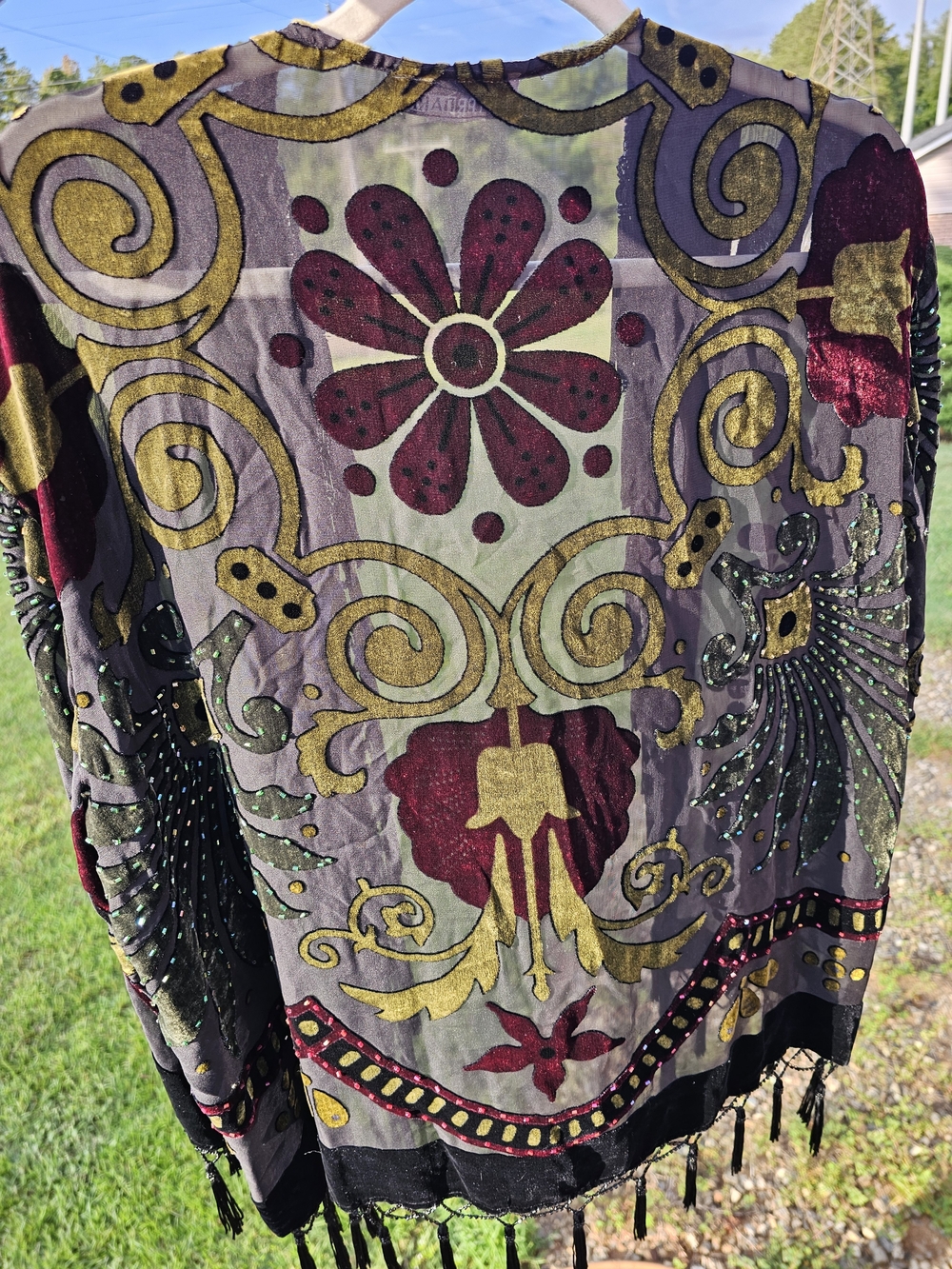 Fringed Boho Kimono Jacket - Burgundy & Gold